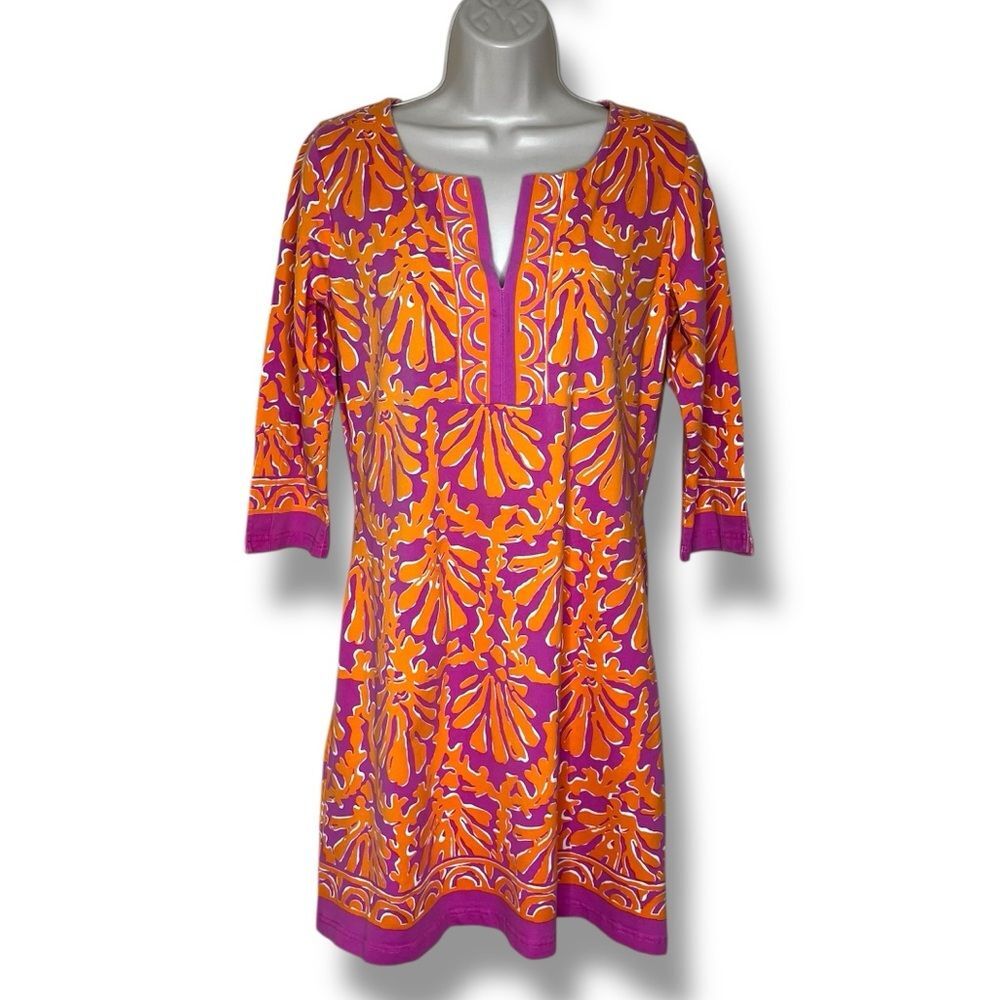 Barbara Gerwit Orange Pink Coral Print Tunic Shift Dress 3/4 Sleeve Women Medium